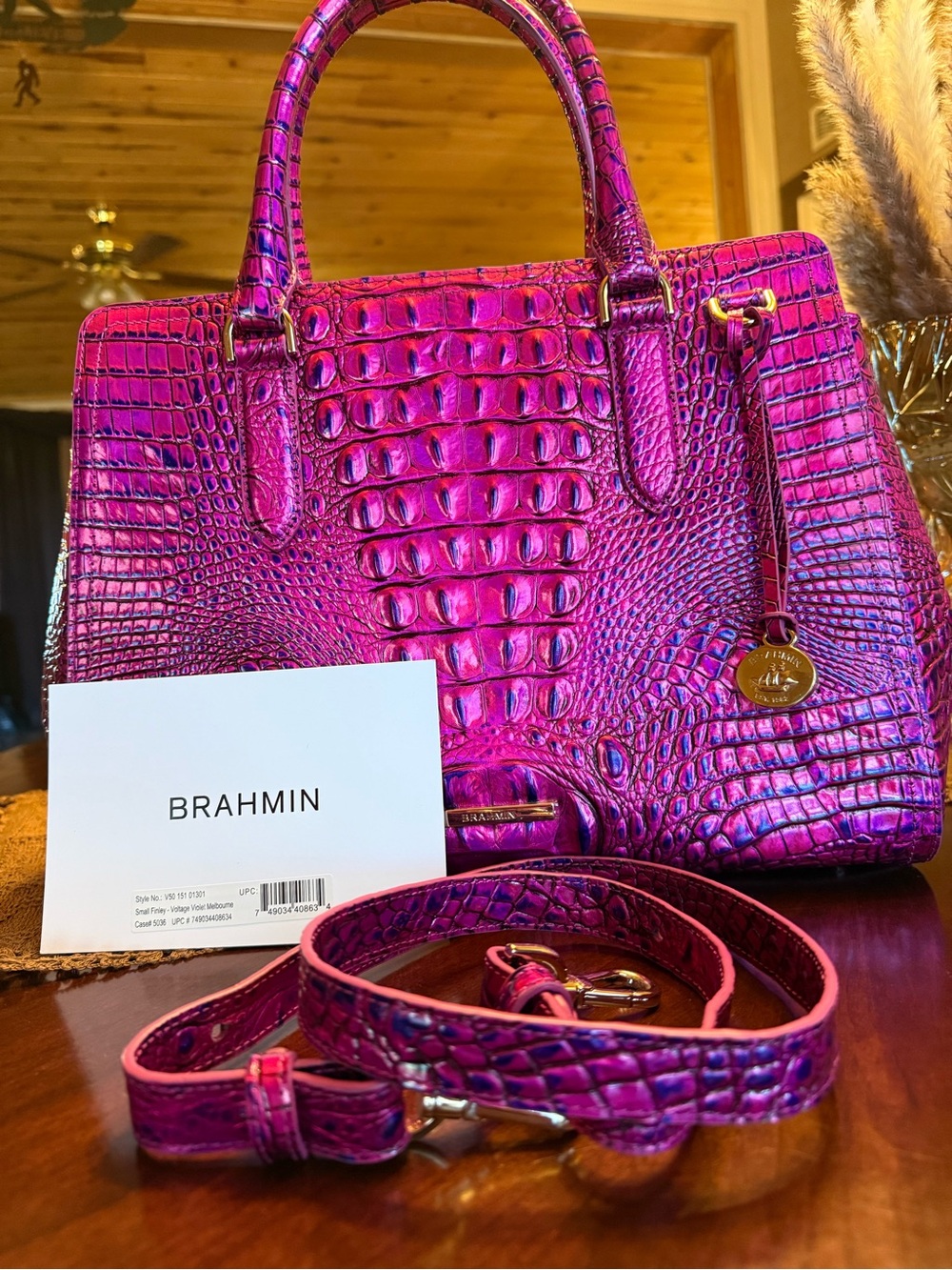 Brahmin Voltage Violet small Finley Croc-Embossed Satchel with Removable Strap